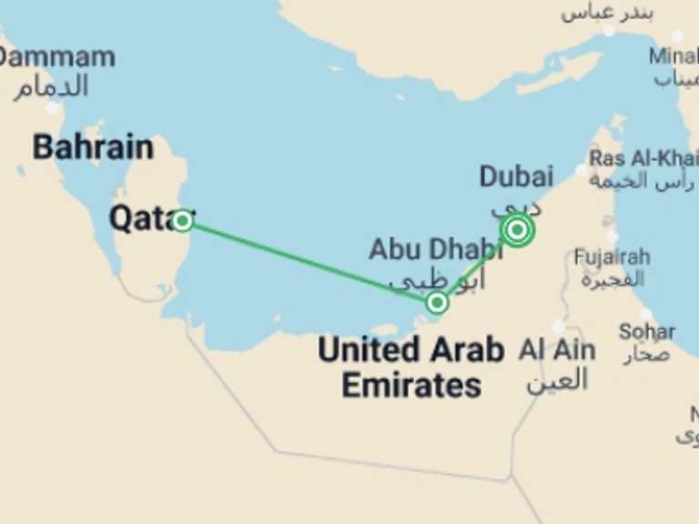Map of a Desert safaris Tour with 3 destination visits for the trip: Dubai and 03 Nights Persian Gulf Cruise