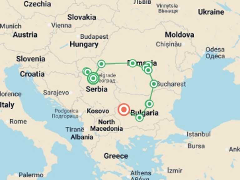 Map of Plovdiv Tour with 7 destination visits for the trip: Serbia, Romania & Bulgaria Discovered - 12 days