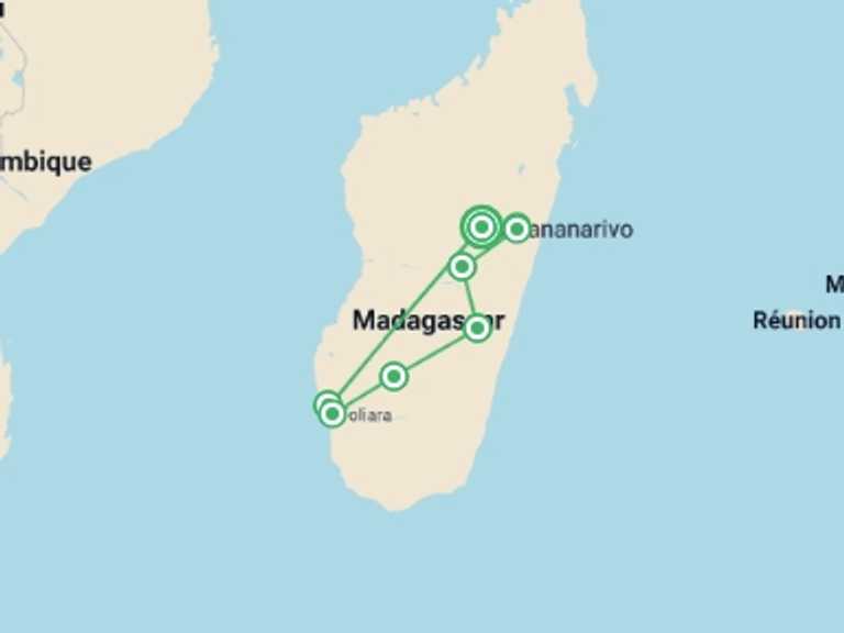 Map itinerary of East Africa Tour in March 2026 with 9 destination visits for the trip: Madagascar: The Lost Continent