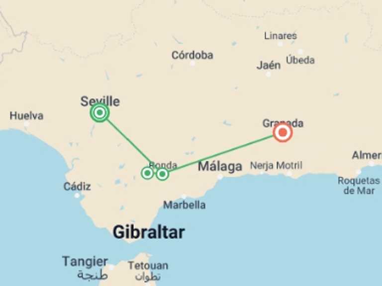 Map itinerary of Spain Tour in July 2027 with 4 destination visits for the trip: Highlights of Andalucia