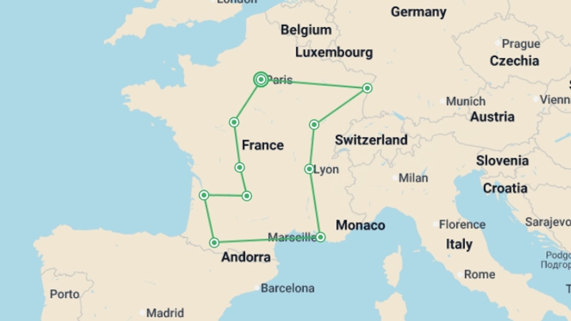 A map showing the tour itinerary for the trip: Enchanted France, starting in Paris, France and ending in Paris, France going through 9 other destinations.
