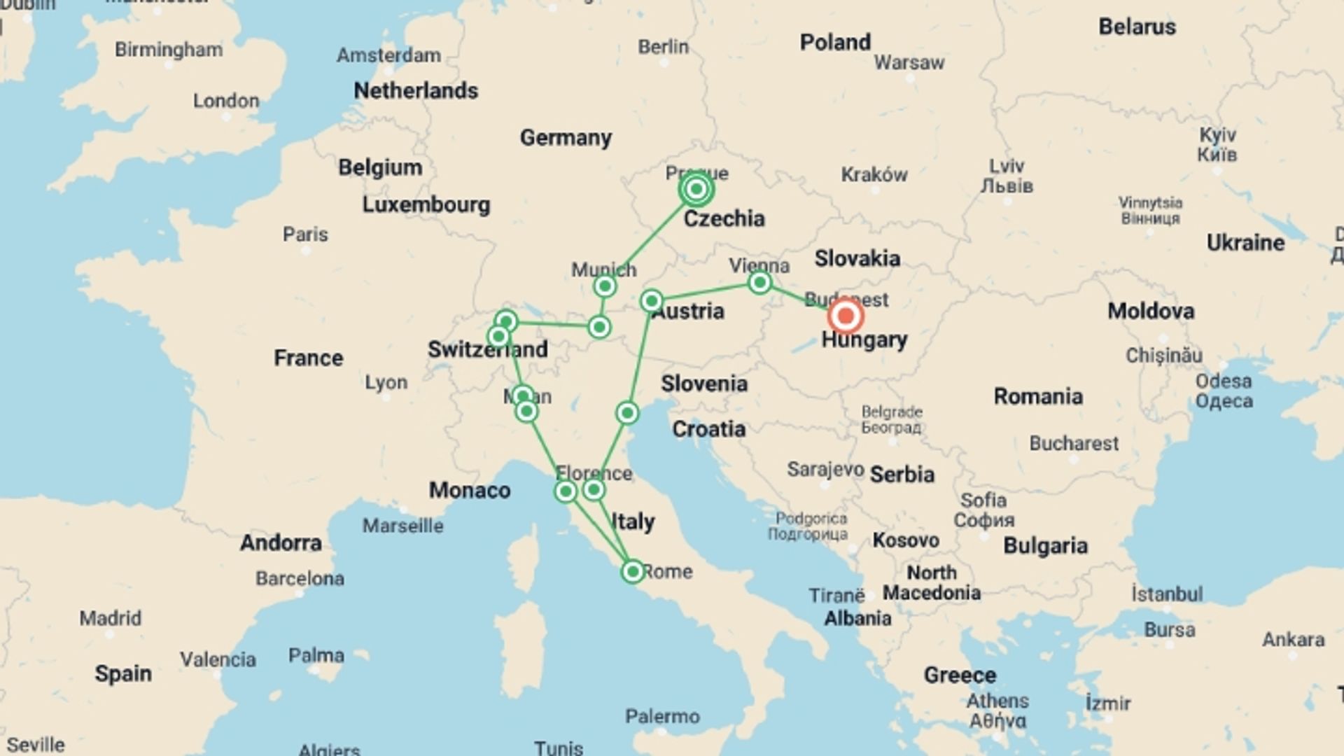 A map showing the tour itinerary for the trip: Once in a Lifetime, starting in Prague, Czech Republic and ending in Budapest, Hungary going through 6 other destinations.