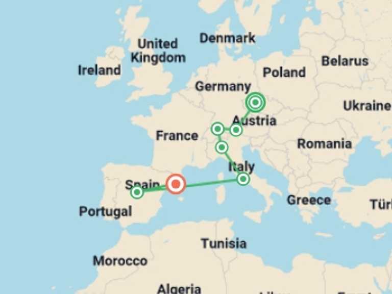 Map itinerary of Mediterranean Tour in October 2026 with 7 destination visits for the trip: Majestic Europe and Magical Spain GO