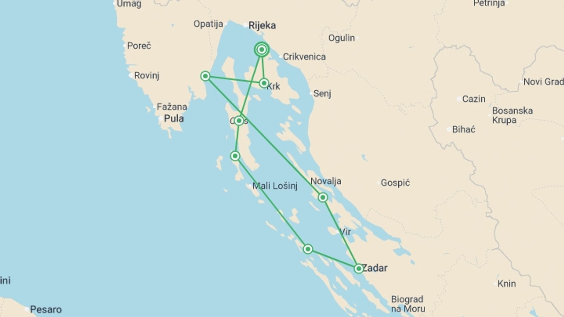 A map showing the tour itinerary for the trip: Kvarner Bay Bike & Boat - Deluxe, starting in Omišalj, Croatia and ending in Omišalj, Croatia going through 6 other destinations.