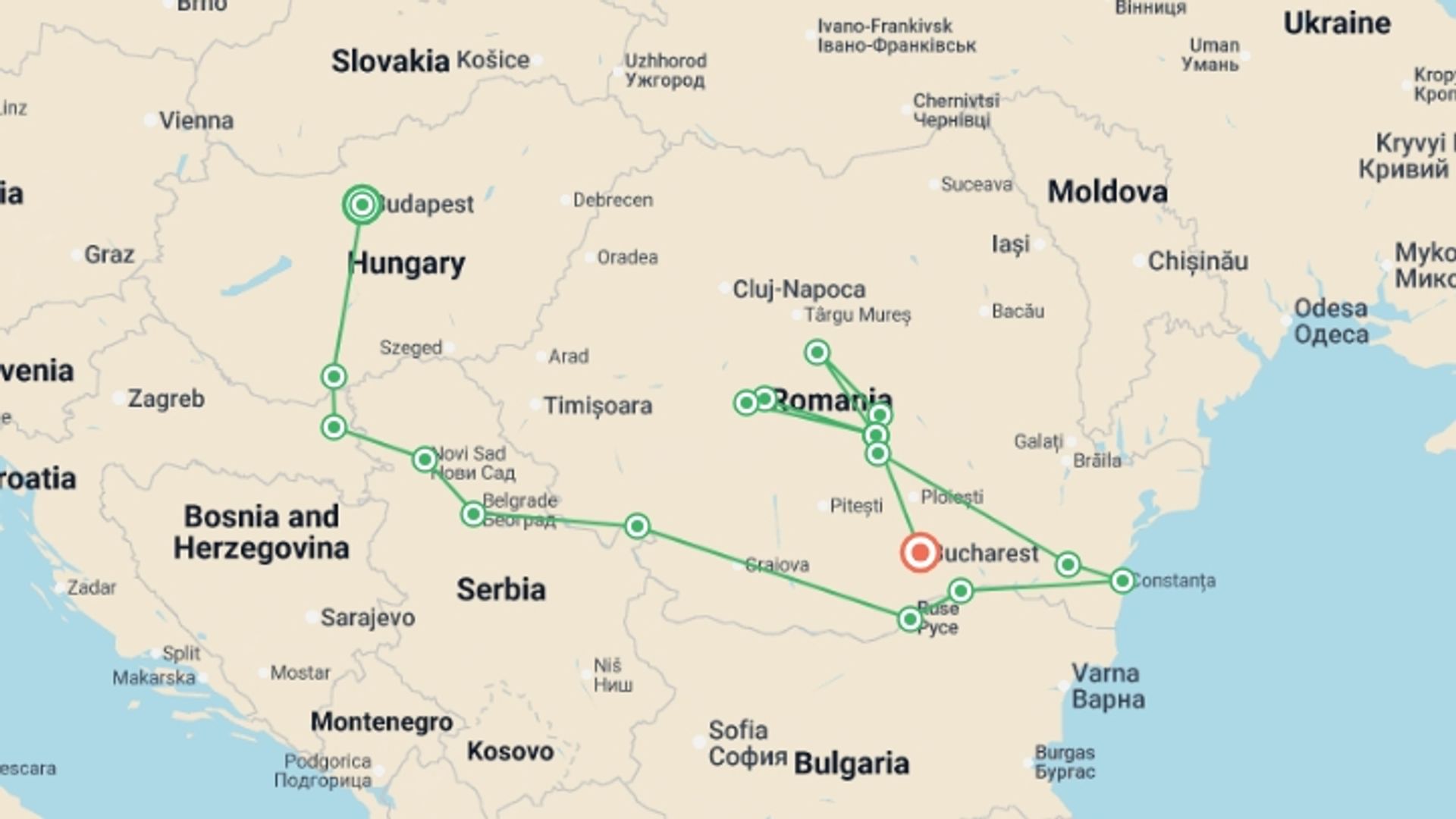 A map showing the tour itinerary for the trip: Along the river Danube, Budapest and the Balkan peninsula (port-to-port cruise), starting in Budapest, Hungary and ending in Bucharest, Romania going through 8 other destinations.