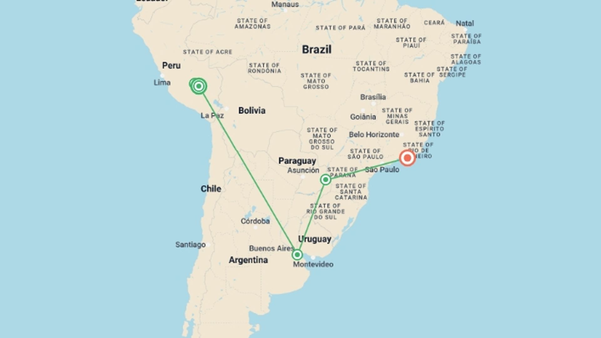 A map showing the tour itinerary for the trip: Exploring South America -13 days, starting in Cusco, Peru and ending in Rio de Janeiro, Brazil going through 6 other destinations.