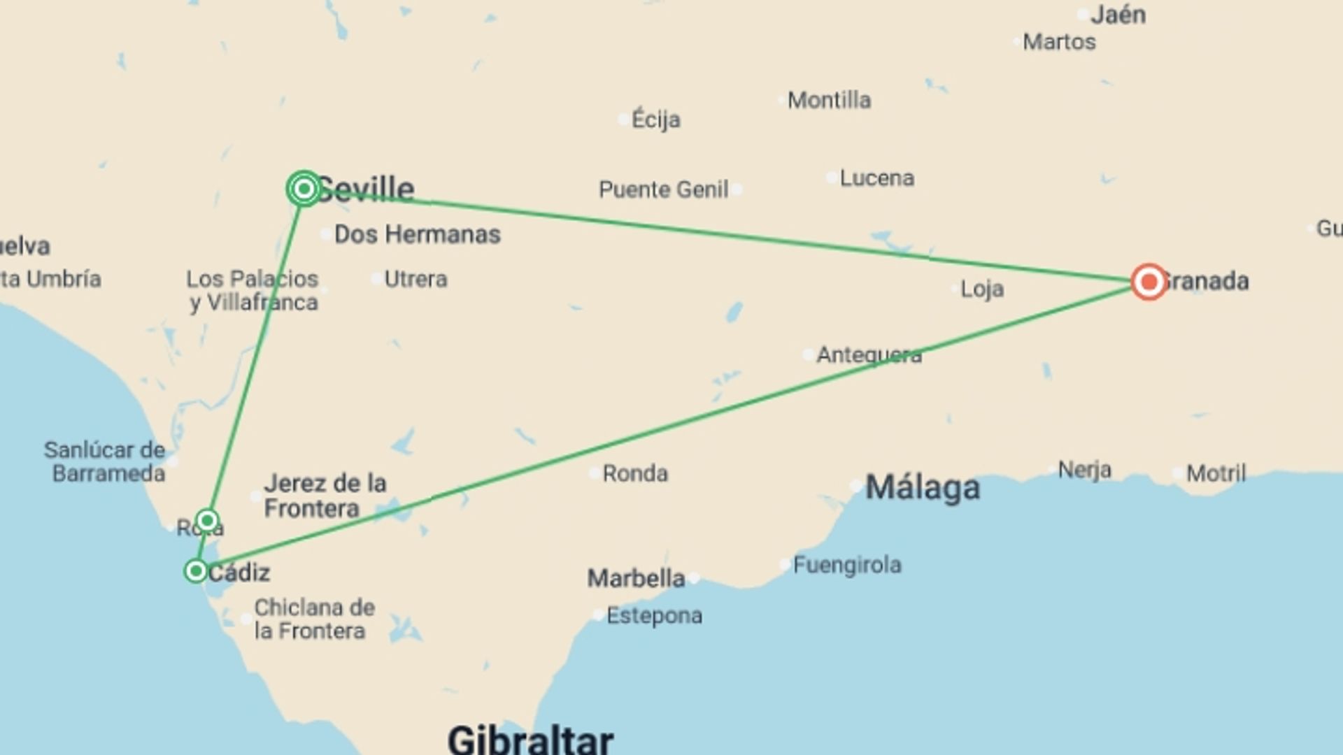 A map showing the tour itinerary for the trip: Spanish flavors and festivities, a cruise in the heart of Andalusia (port-to-port cruise), starting in Seville, Spain and ending in Granada, Spain going through 2 other destinations.