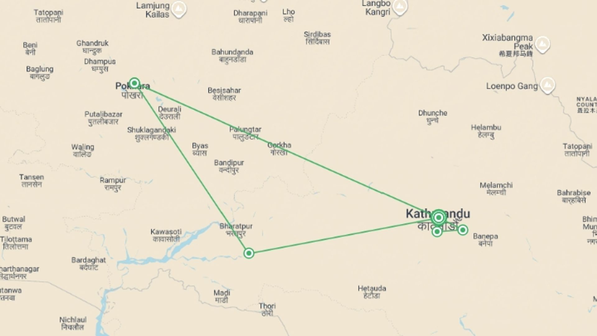 A map showing the tour itinerary for the trip: Highlights of Nepal - 9 days, starting in Kathmandu, Nepal and ending in Kathmandu, Nepal going through 2 other destinations.