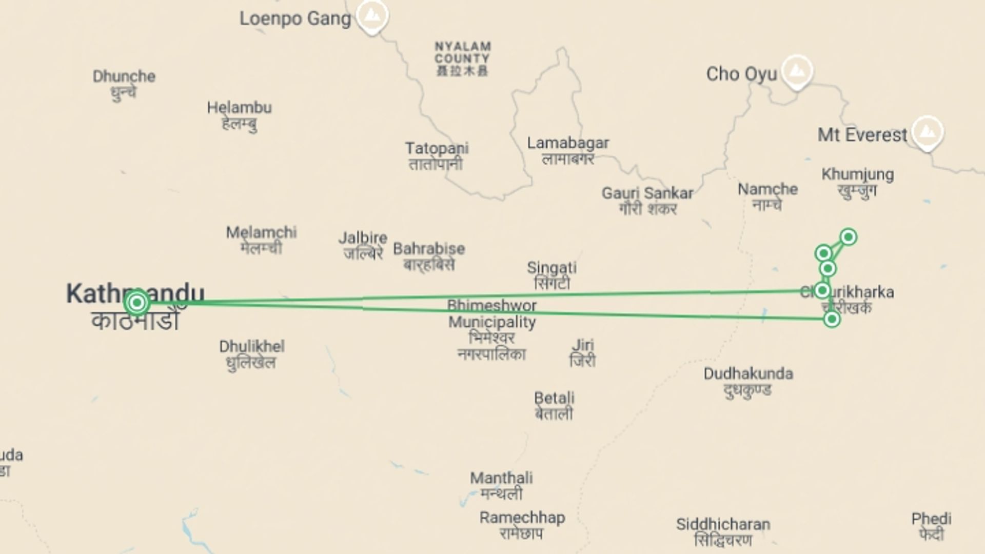 A map showing the tour itinerary for the trip: Everest View Trek, starting in Kathmandu, Nepal and ending in Kathmandu, Nepal going through 6 other destinations.