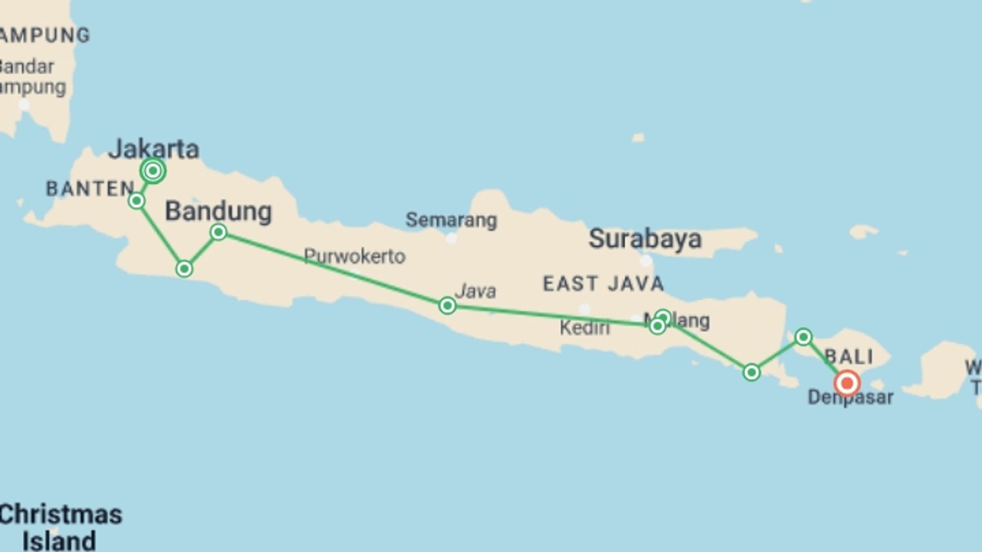 A map showing the tour itinerary for the trip: Indonesia: Hammocks & Hikes, starting in Jakarta, Indonesia and ending in Kuta, Indonesia going through 7 other destinations.