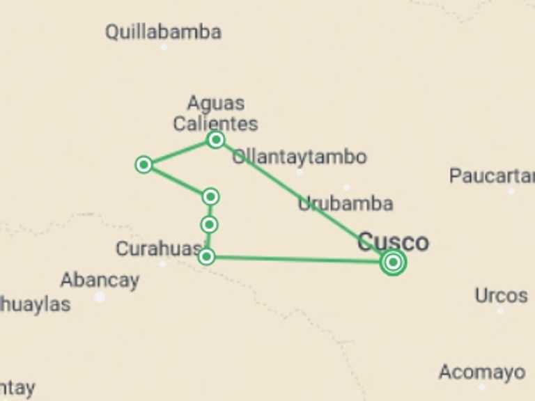 Map of 5-Day Cusco Tour with 5 destination visits for the trip: 5-Day Salkantay Trail Tour to Machu Picchu