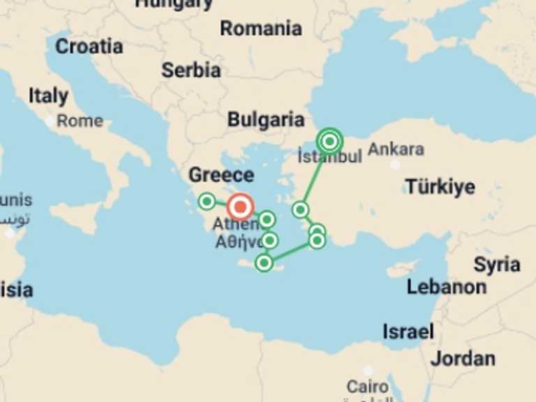 Map of Heraklion City sightseeing Tour with 9 destination visits for the trip: From Istanbul to Athens