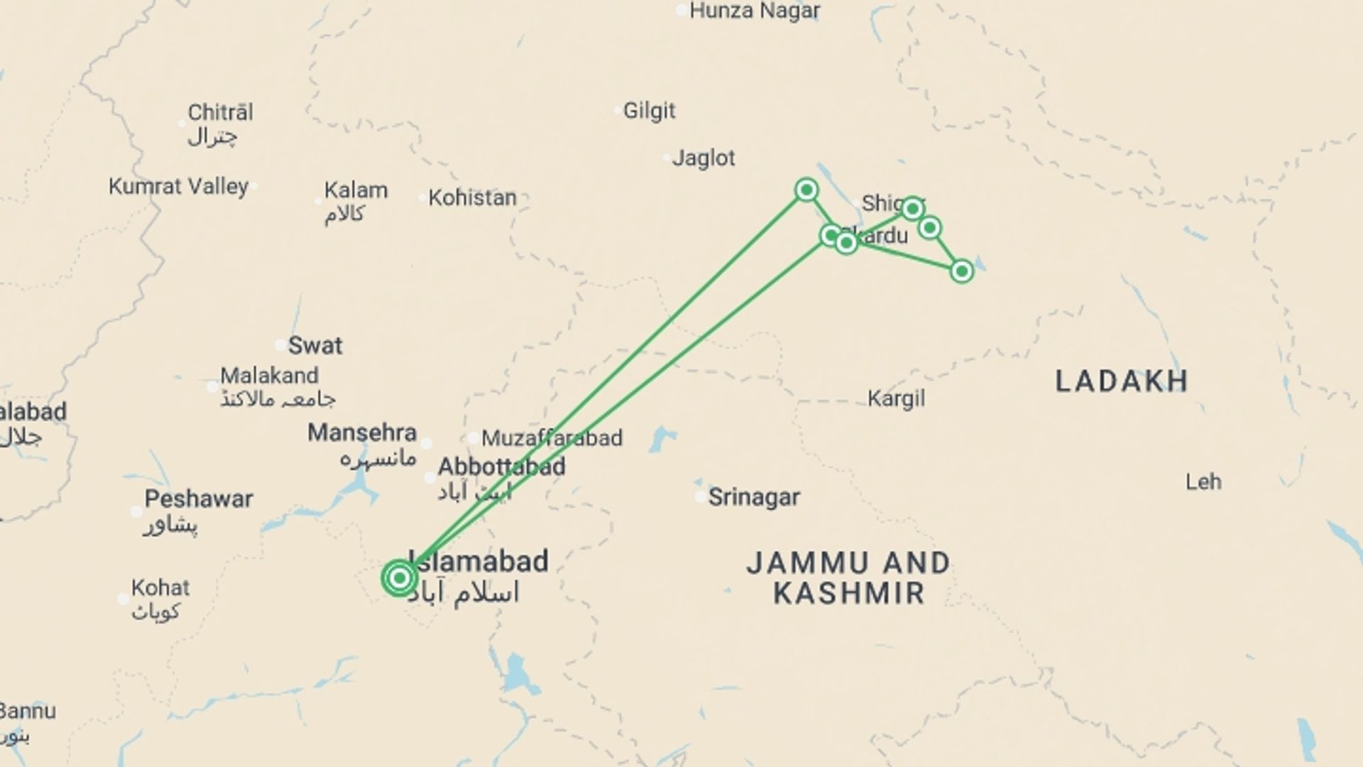 A map showing the tour itinerary for the trip: Pakistan Hike Around The Giants 11D/10N, starting in Islamabad, Pakistan and ending in Islamabad, Pakistan going through 1 other destinations.