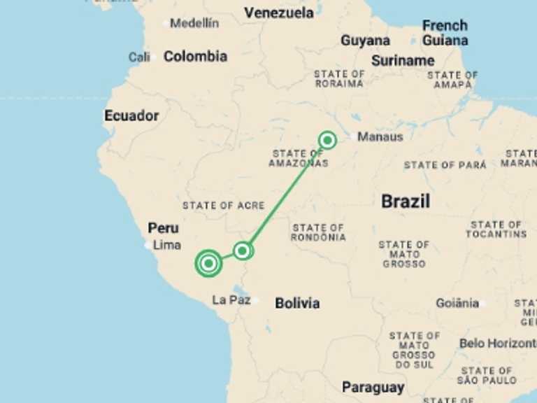 Map itinerary of Peru Tour in July 2026 with 3 destination visits for the trip: Puerto Maldonado Amazon Explorer - 5 days