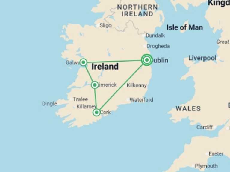 Map of Dublin City sightseeing Tour with 4 destination visits for the trip: Great Tour of Ireland