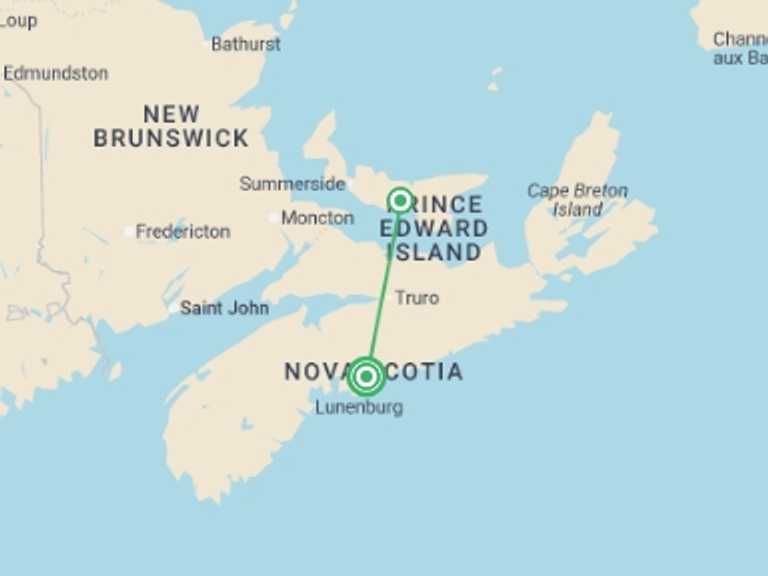 Map itinerary of Canada Tour in October 2026 with 2 destination visits for the trip: Prince Edward Island Discovery - 5 days