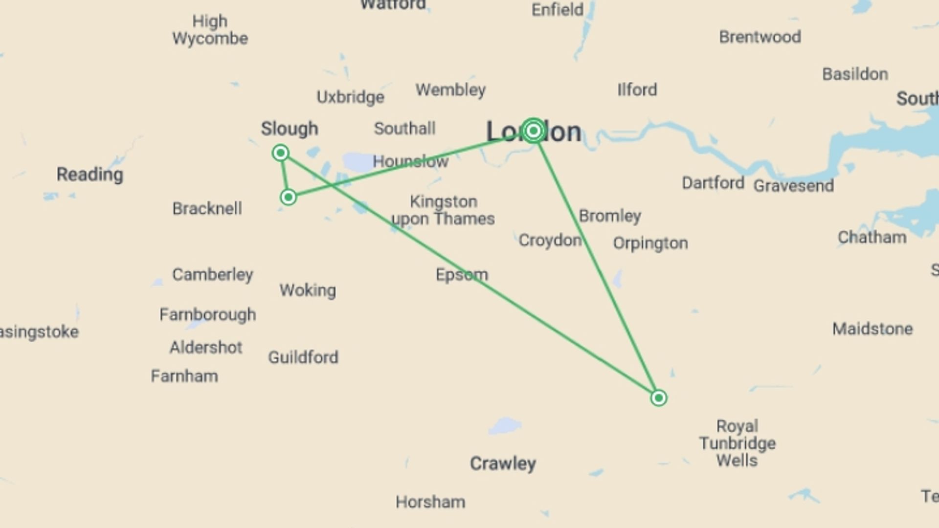 A map showing the tour itinerary for the trip: Chelsea Flower Show, starting in London, England and ending in London, England going through 1 other destinations.
