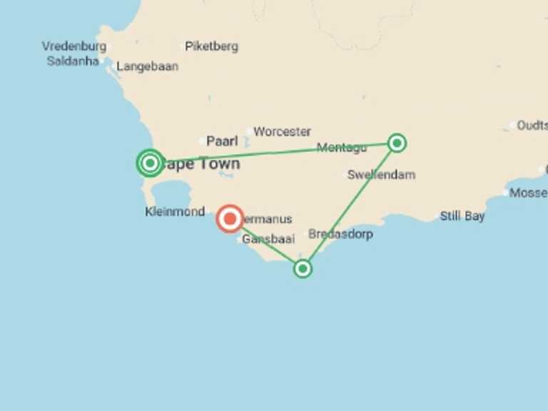 Map itinerary of Africa Tour in September 2026 with 4 destination visits for the trip: Signature South Africa | Winelands & Wild Shores