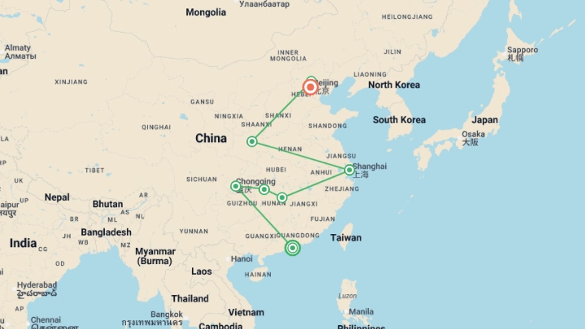 A map showing the tour itinerary for the trip: China Adventure, starting in Hong Kong, Hong Kong and ending in Beijing, China going through 6 other destinations.