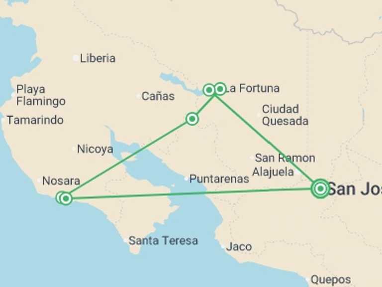 Map of 8-Day Costa Rica Tour with 4 destination visits for the trip: Costa Rica Family Escape