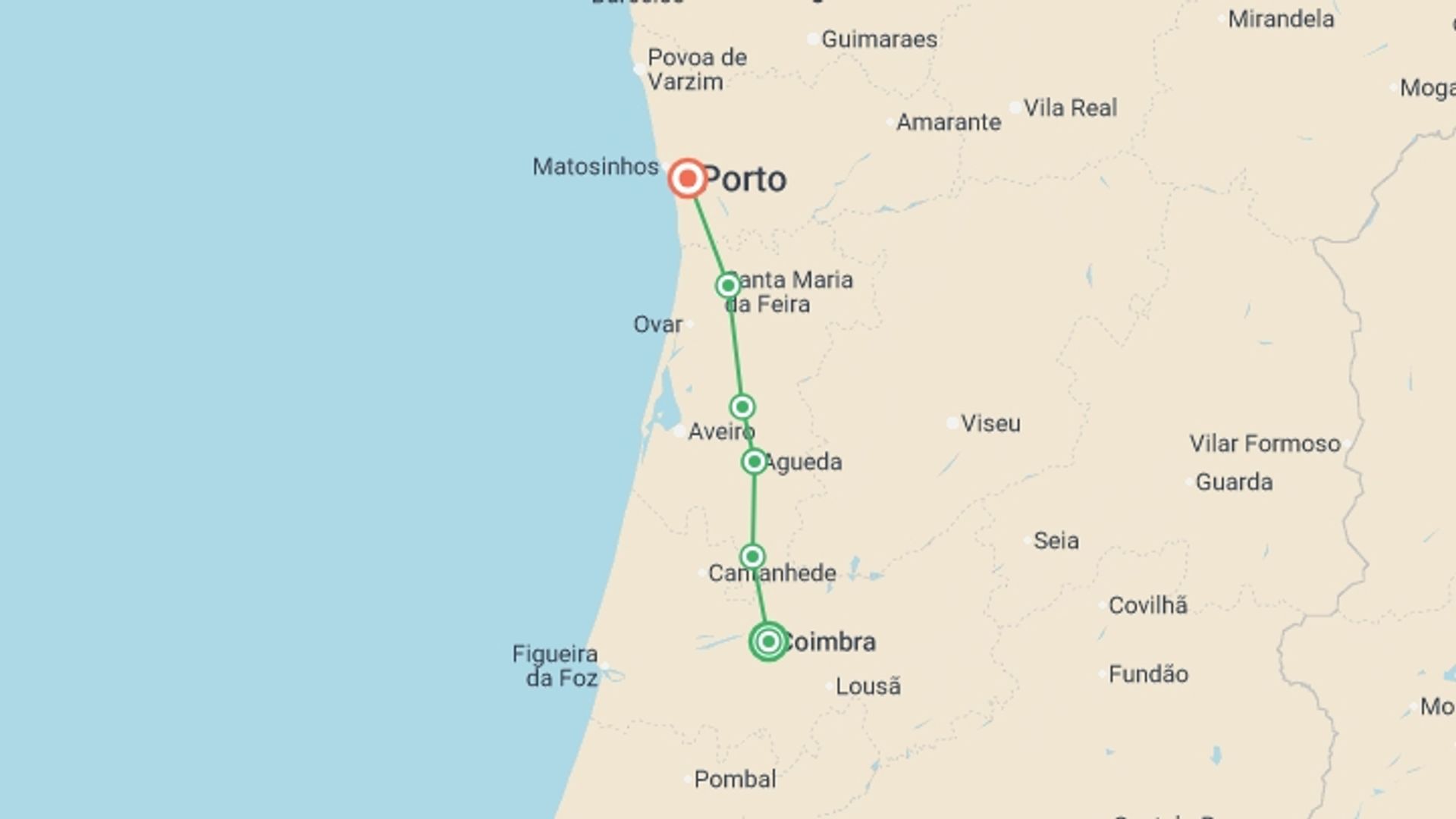 A map showing the tour itinerary for the trip: Portuguese Camino - Coimbra to Porto, starting in Coimbra, Portugal and ending in Porto, Portugal going through 4 other destinations.