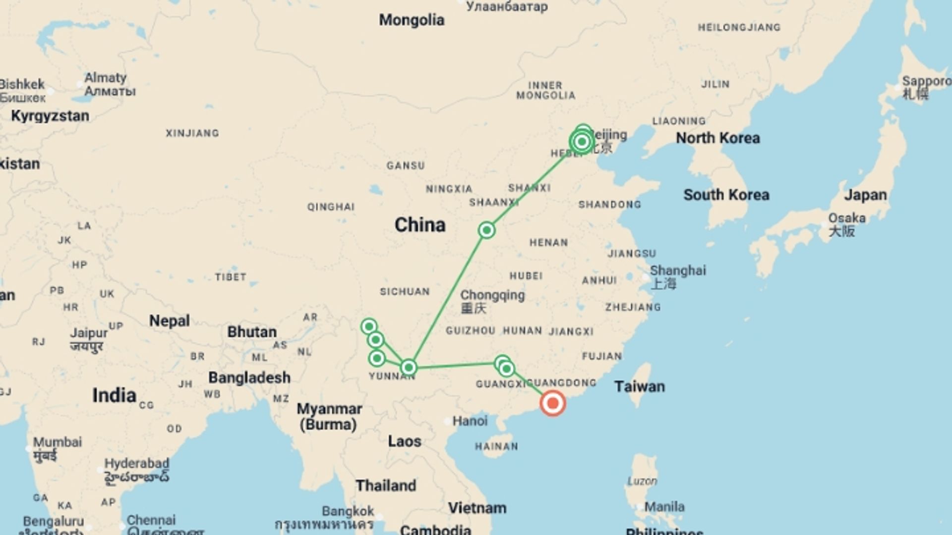 A map showing the tour itinerary for the trip: Beijing to Yunnan & Hong Kong (4-5 Star) - 16 days, starting in Beijing, China and ending in Hong Kong, Hong Kong going through 6 other destinations.