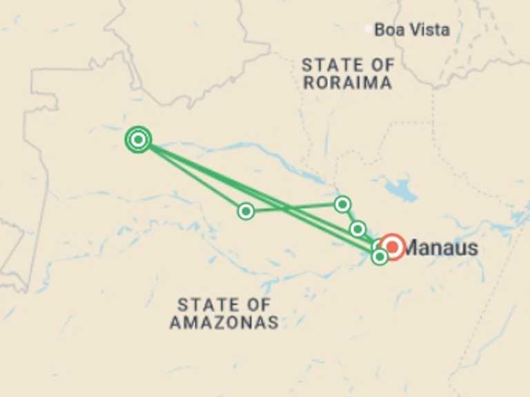 Map itinerary of South America Tour in Spring with 7 destination visits for the trip: Along the Amazon and the Rio Negro, An Exclusive Cruise through Pristine and Hidden Nature (port-to-port cruise)