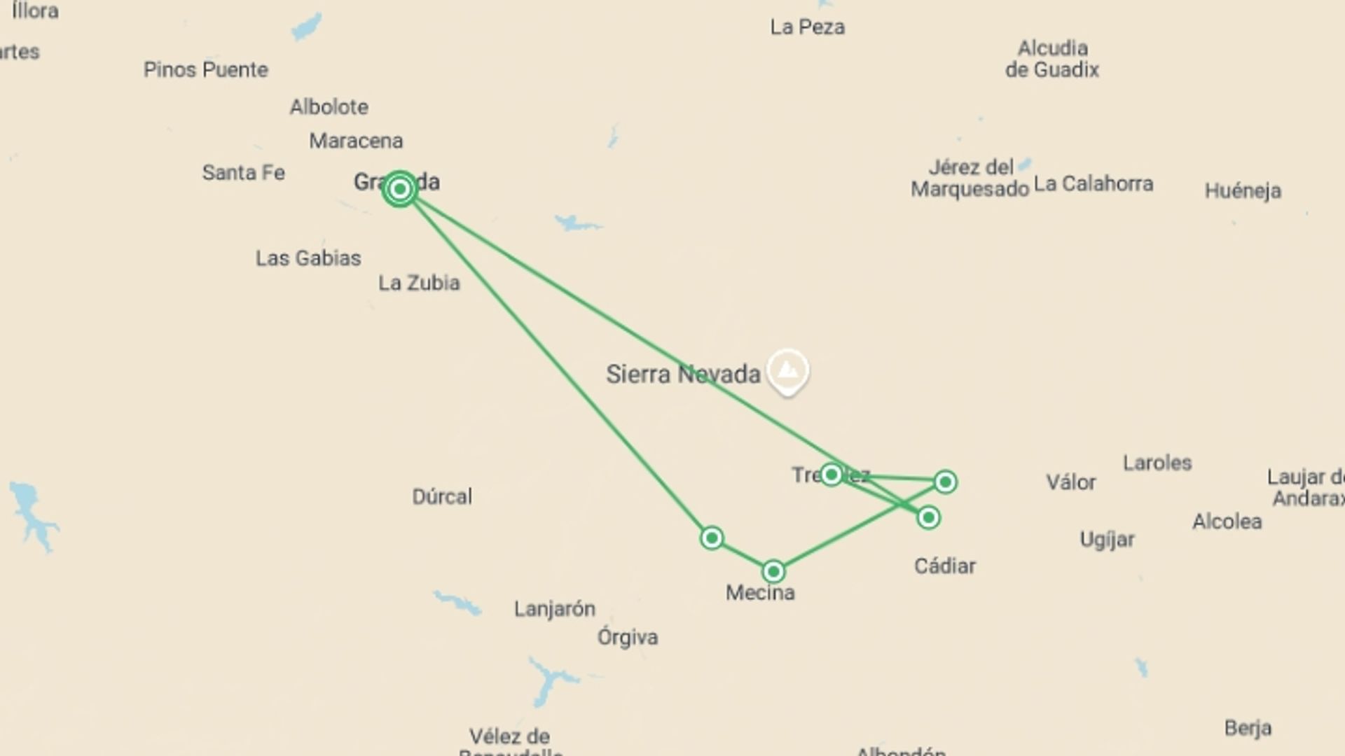 A map showing the tour itinerary for the trip: Granada and the Alpujarras, starting in Granada, Spain and ending in Granada, Spain going through 5 other destinations.