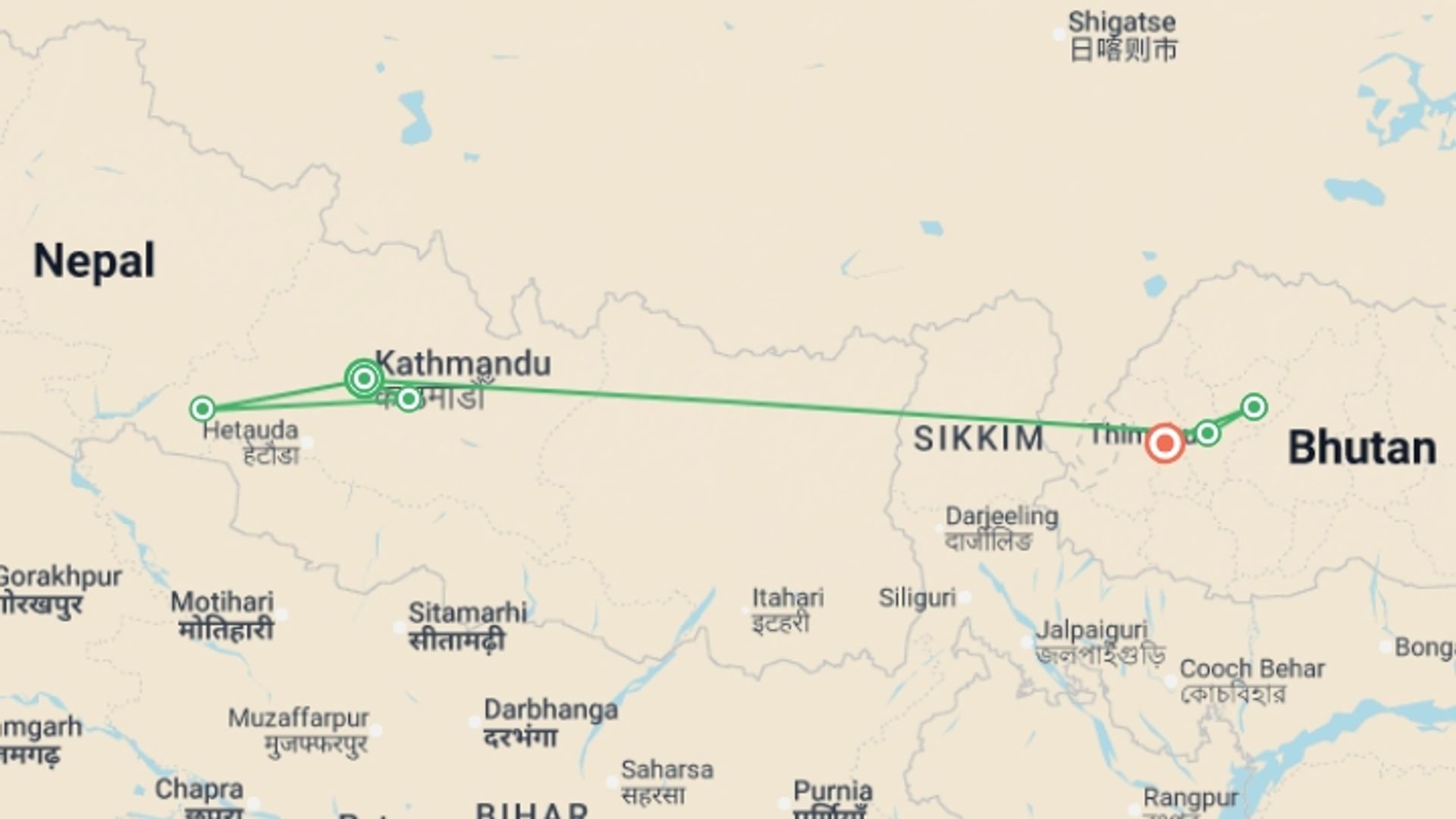 A map showing the tour itinerary for the trip: Signature: Himalayan Kingdoms of Nepal & Bhutan, starting in Kathmandu, Nepal and ending in Paro, Bhutan going through 4 other destinations.