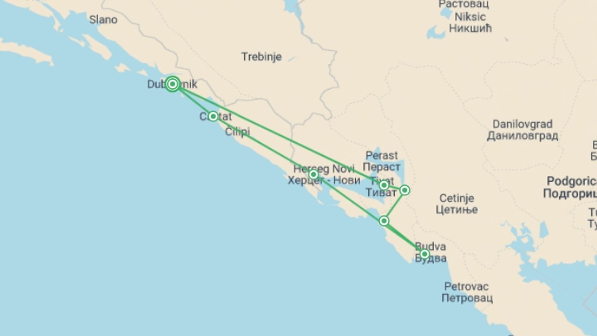A map showing the tour itinerary for the trip: Montenegro Sailing - Dubrovnik to Dubrovnik, starting in Dubrovnik, Croatia and ending in Dubrovnik, Croatia going through 6 other destinations.
