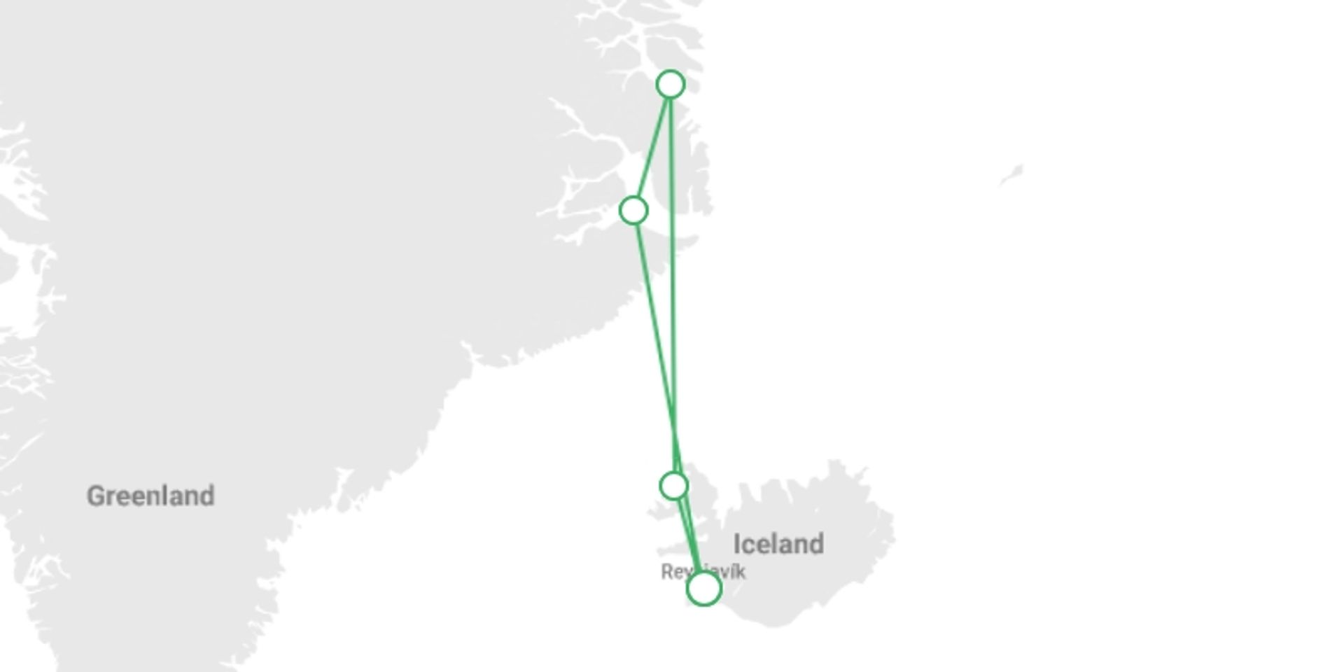 A map showing the tour itinerary for the trip: Iceland to Greenland: Total Solar Eclipse, 13 Days, starting in Reykjavik, Iceland and ending in Reykjavik, Iceland going through 3 other destinations.