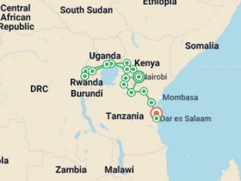 Map of Africa Tour with 19 destination visits for the trip: Gorillas, Game Parks & Beaches