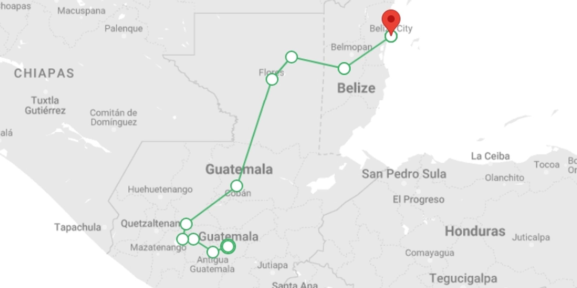 A map showing the tour itinerary for the trip: From Jungle to the Caribbean: Guatemala & Belize, starting in Guatemala City, Guatemala and ending in Belize City, Belize going through 6 other destinations.