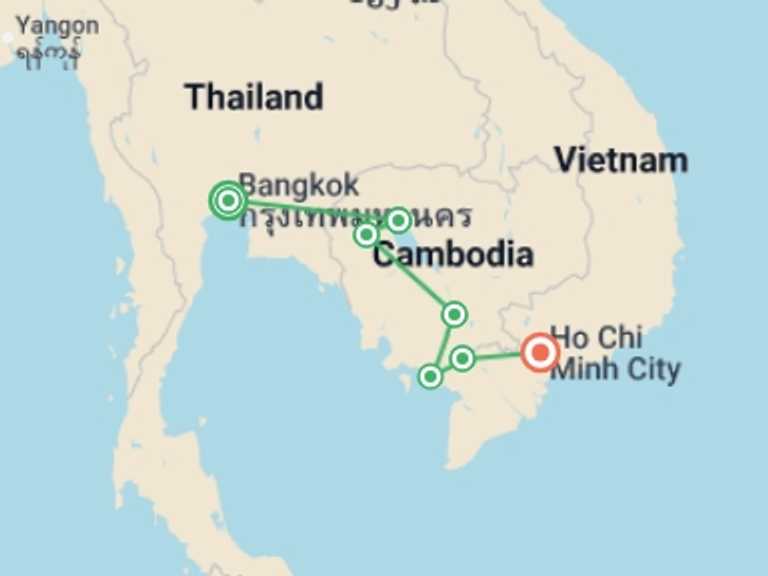 Map of Asia Tour with 7 destination visits for the trip: Bangkok to Saigon by Bike