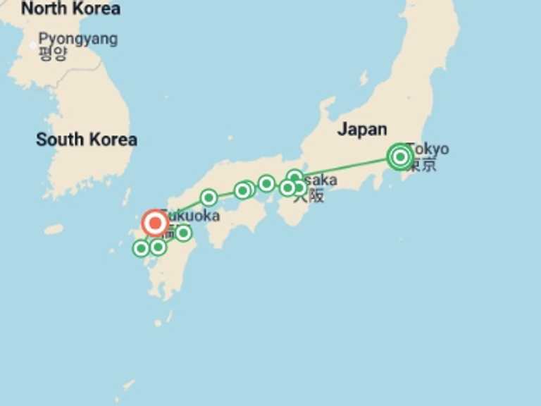 Map of Asia Tour with 9 destination visits for the trip: Tokyo, Kyoto and Legends of Southern Japan