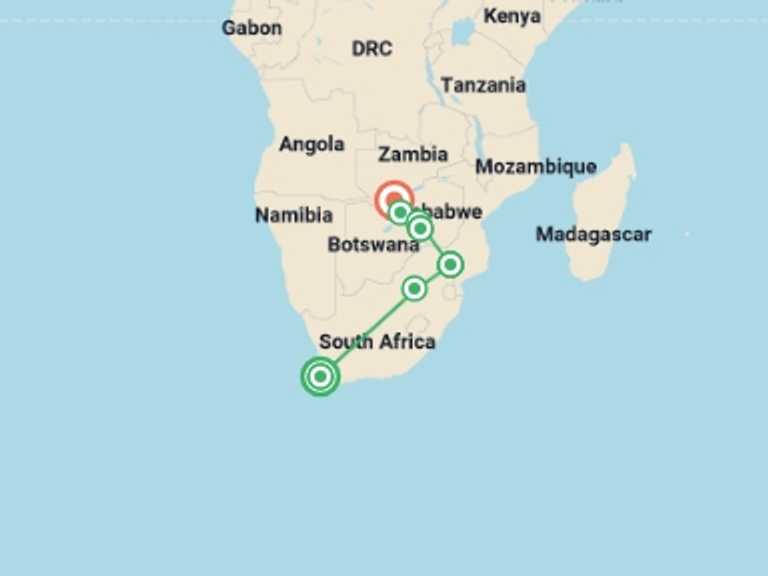 Map itinerary of Africa Tour in Fall with 7 destination visits for the trip: Cape Town, Kruger & Zimbabwe