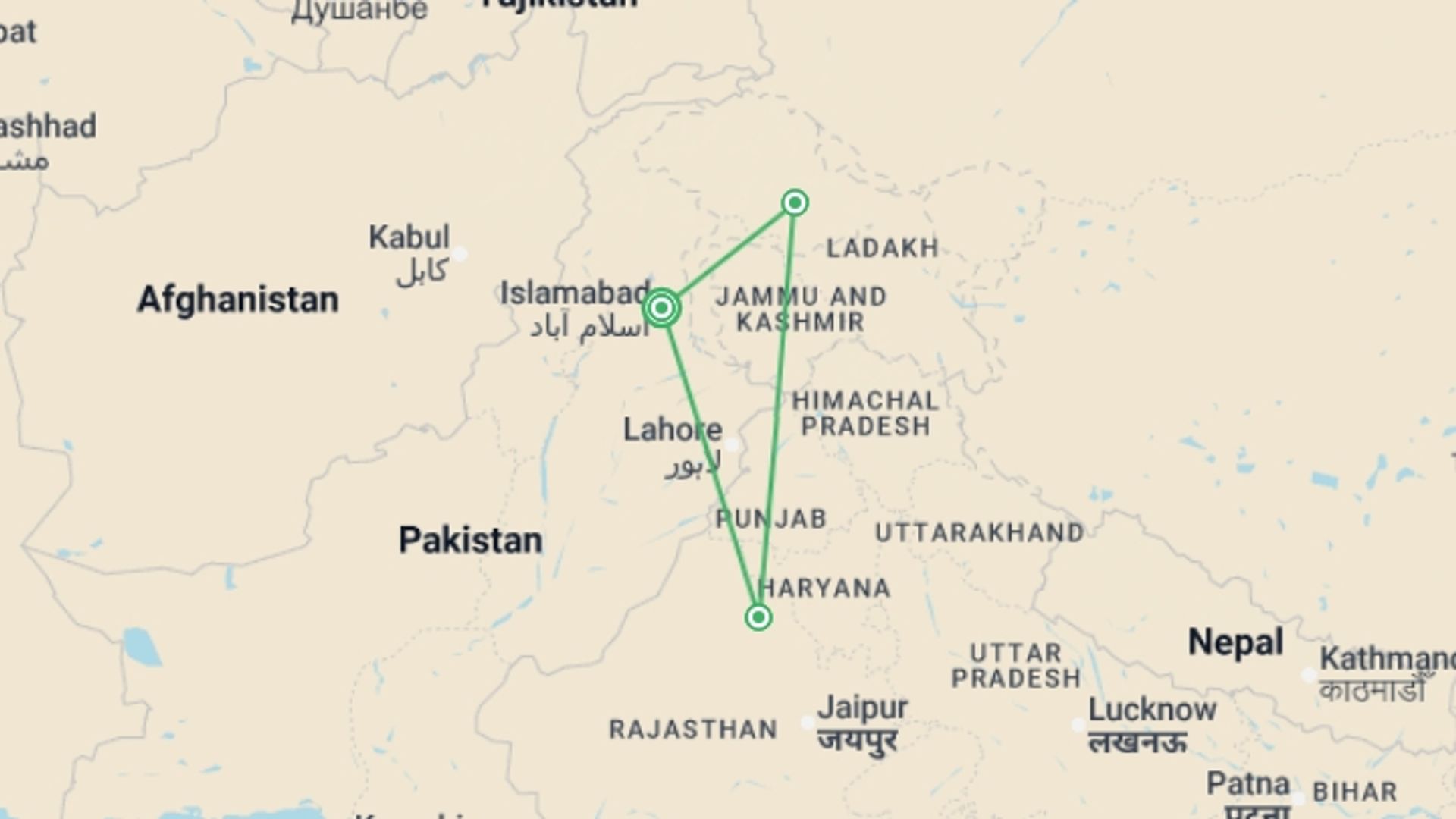 A map showing the tour itinerary for the trip: Trek Pakistan's Nangma Valley and Karakoram Mountains, starting in Islamabad, Pakistan and ending in Islamabad, Pakistan going through 2 other destinations.