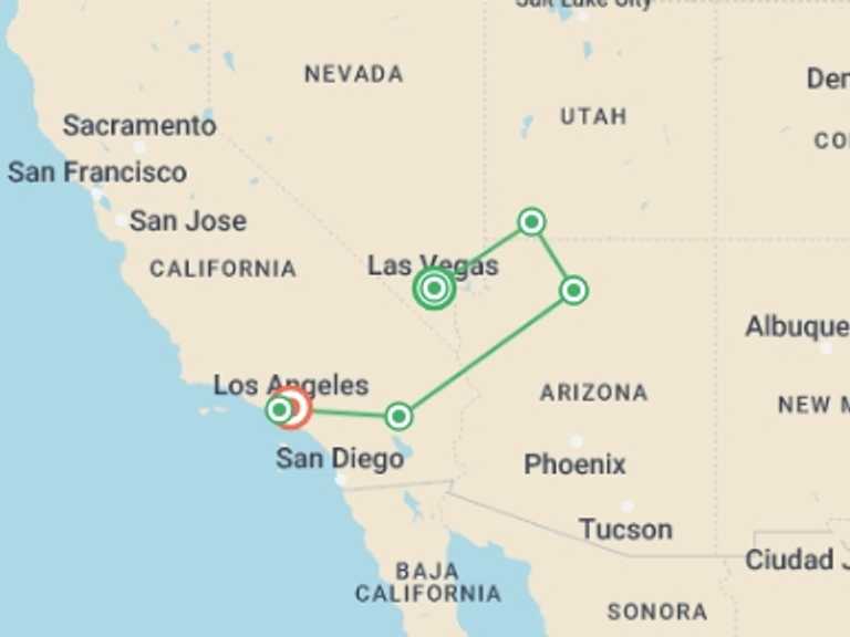 Map itinerary of Los Angeles Tour in September 2026 with 6 destination visits for the trip: Southwest Road Trip: Zion, the Grand Canyon & Santa Monica Sunsets