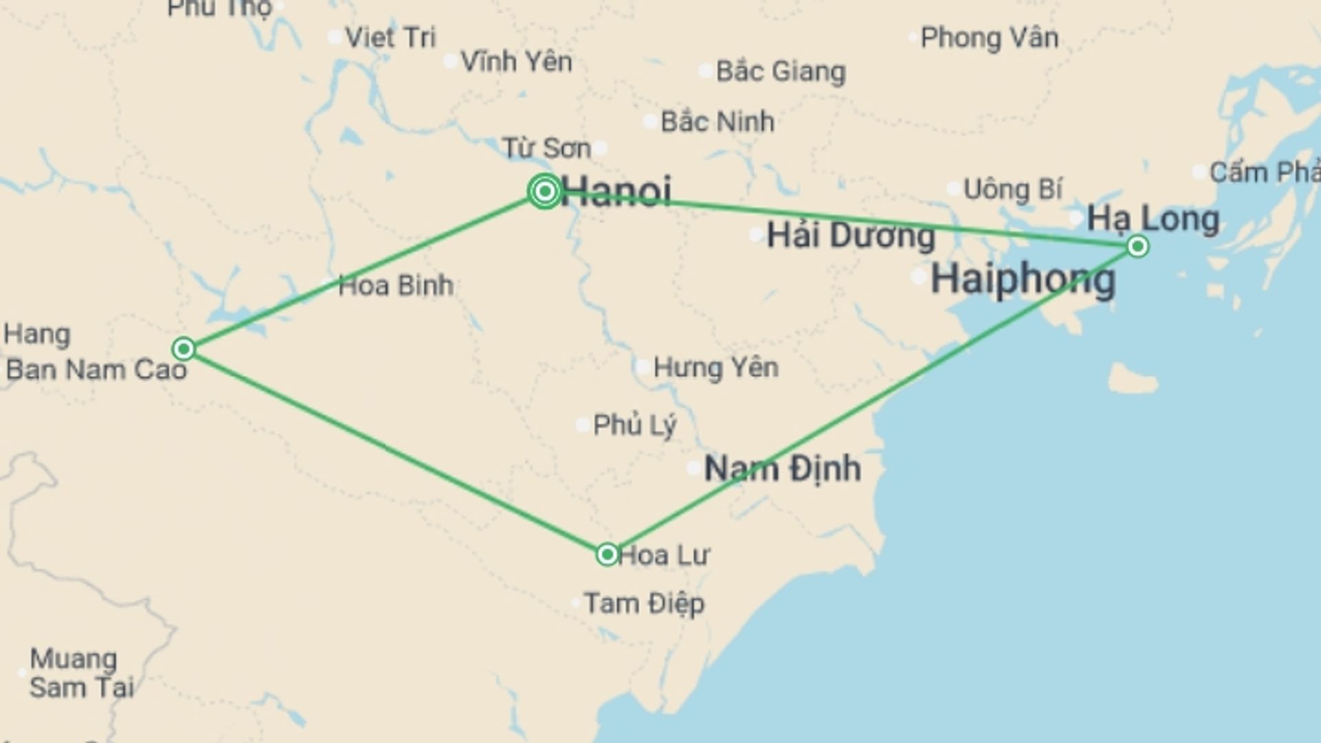 A map showing the tour itinerary for the trip: North Vietnam Explorer - 7 days, starting in Hanoi, Vietnam and ending in Hanoi, Vietnam going through 3 other destinations.