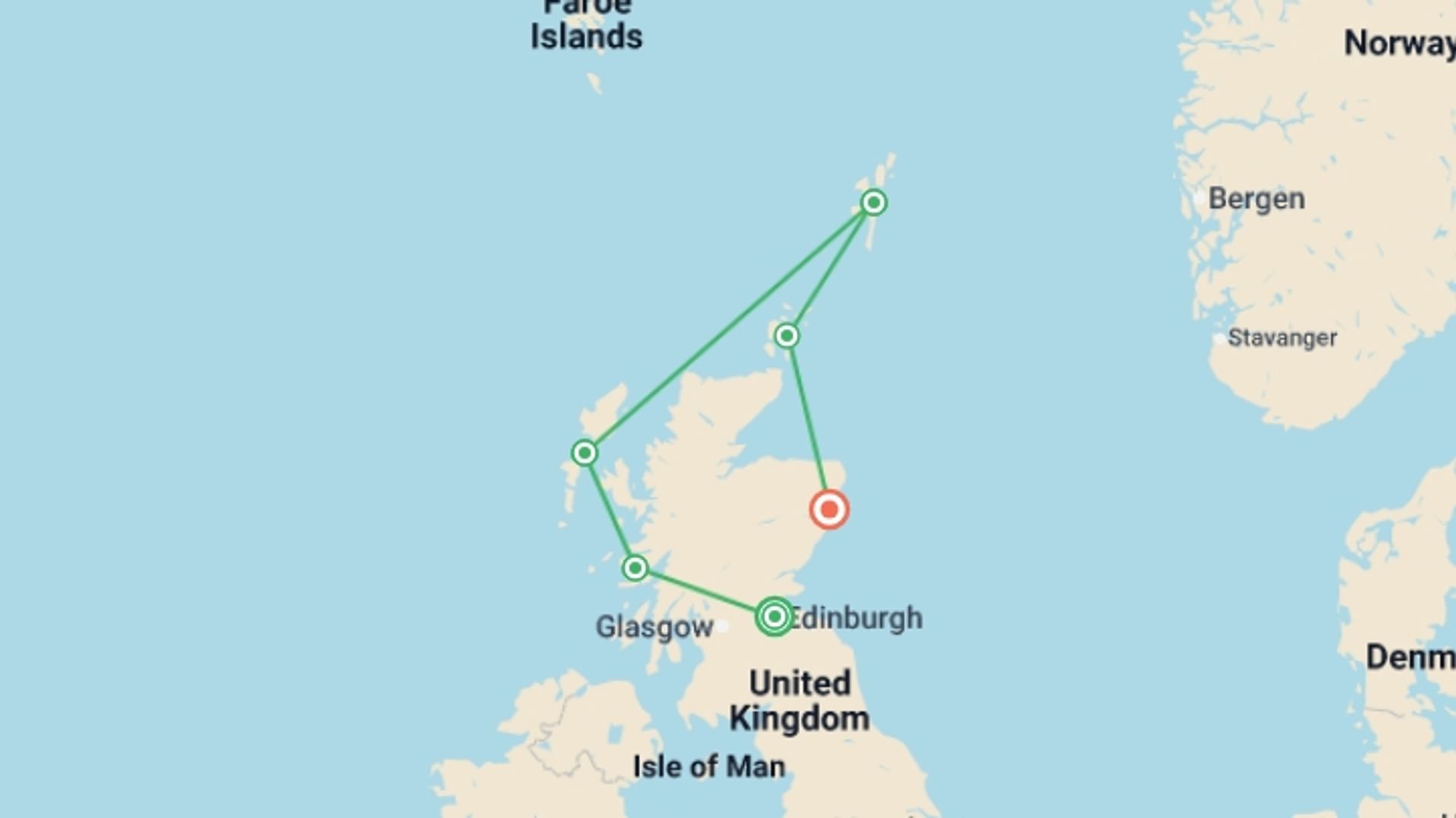A map showing the tour itinerary for the trip: Wild Scotland - M/V Sylvia Earle, starting in Edinburgh, Scotland and ending in Aberdeen, Scotland going through 4 other destinations.