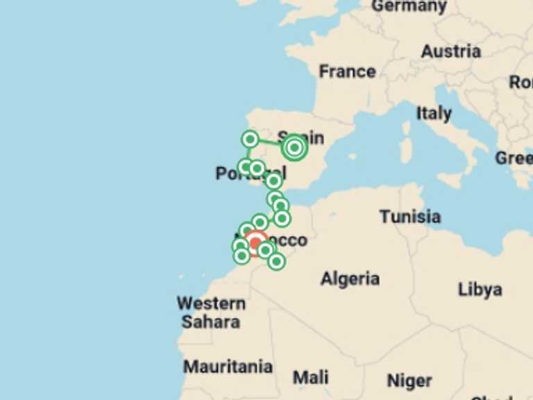 Map of Agadir Tour with 16 destination visits for the trip: Spain, Portugal & Morocco Encompassed