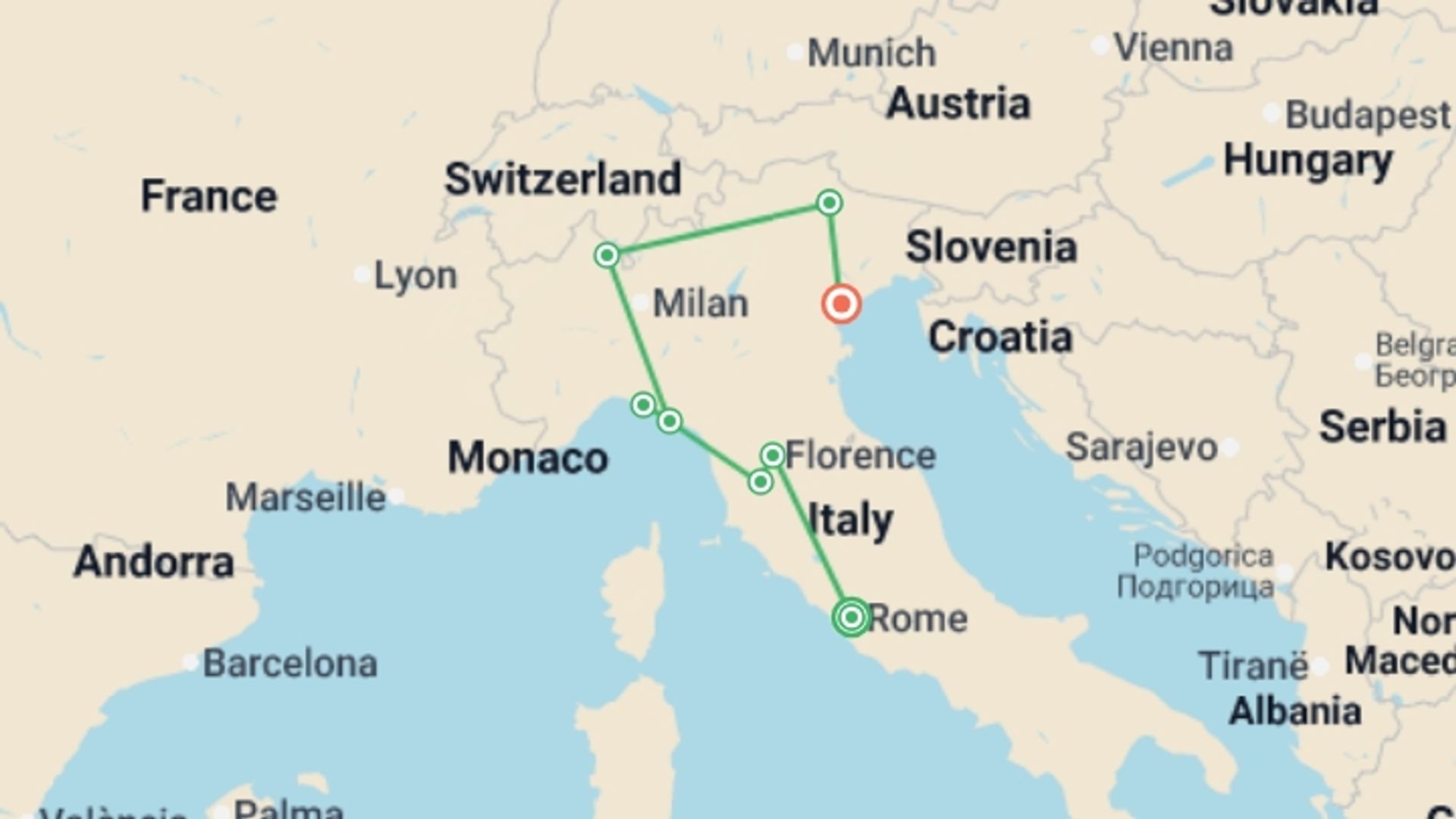 A map showing the tour itinerary for the trip: Italian Elegance, starting in Rome, Italy and ending in Venice, Italy going through 6 other destinations.