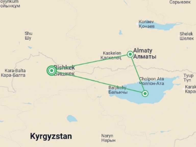 Map itinerary of Asia Tour in August 2026 with 3 destination visits for the trip: Bishkek To Bishkek (15 Days)