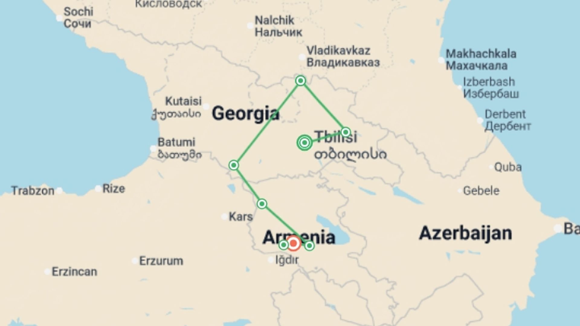 A map showing the tour itinerary for the trip: Upgraded - Treasures of Georgia and Armenia, starting in Tbilisi, Georgia and ending in Yerevan, Armenia going through 6 other destinations.