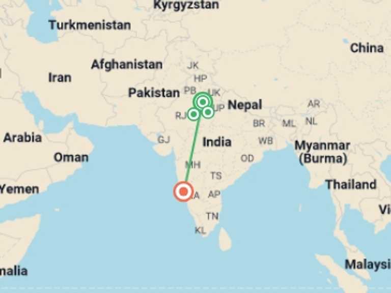 Map of India Explorer Tour with 4 destination visits for the trip: Classic India & Beach - 8 days