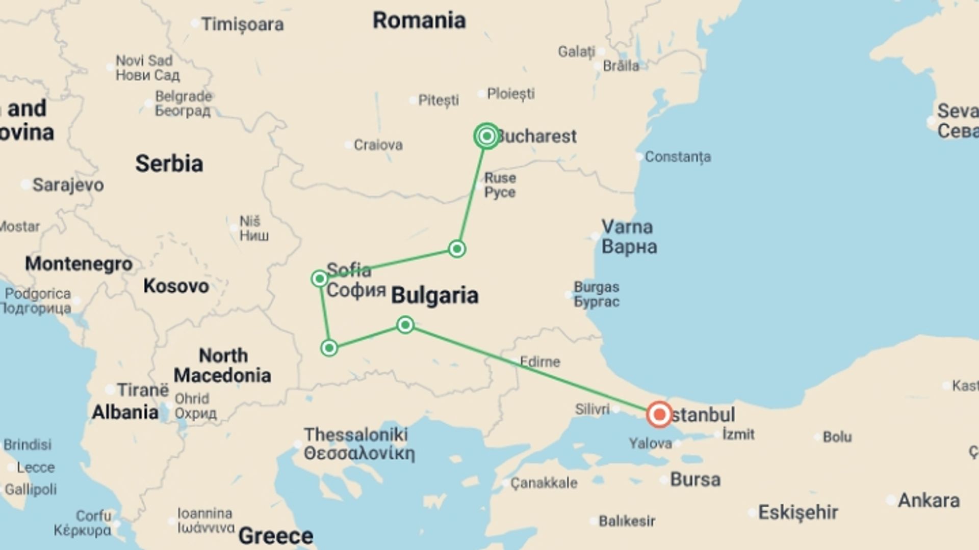 A map showing the tour itinerary for the trip: Eastern Europe Express, starting in Bucharest, Romania and ending in Istanbul, Turkey going through 4 other destinations.