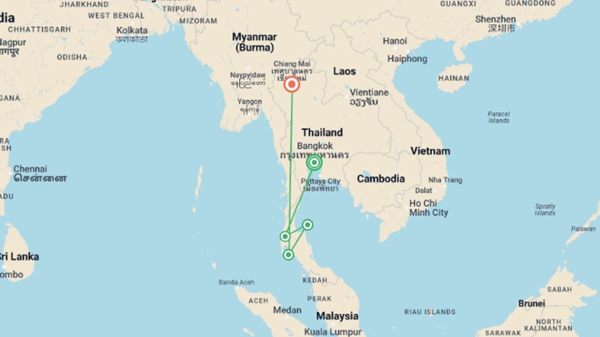 A map showing the tour itinerary for the trip: Thai Intro 18 day, starting in Bangkok, Thailand and ending in Chiang Mai, Thailand going through 4 other destinations.