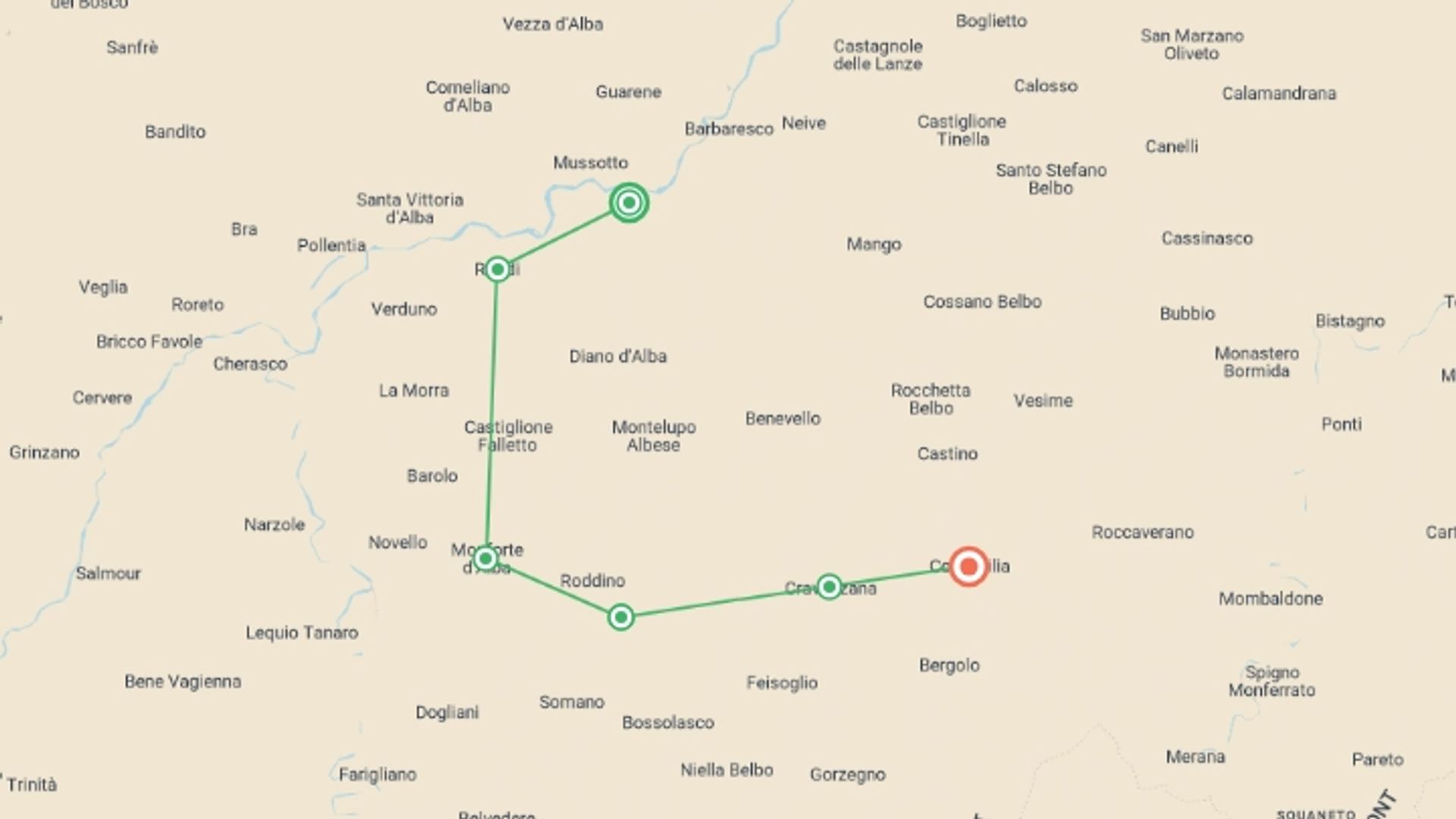 A map showing the tour itinerary for the trip: Piedmont: Land of Barolo and Barbera, starting in Alba, Italy and ending in Cortemilia, Italy going through 5 other destinations.