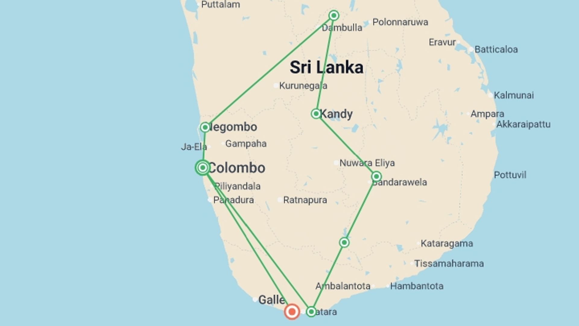 A map showing the tour itinerary for the trip: Negombo to Mirissa Adventure  - 12 days, starting in Colombo, Sri Lanka and ending in Mirissa, Sri Lanka going through 6 other destinations.