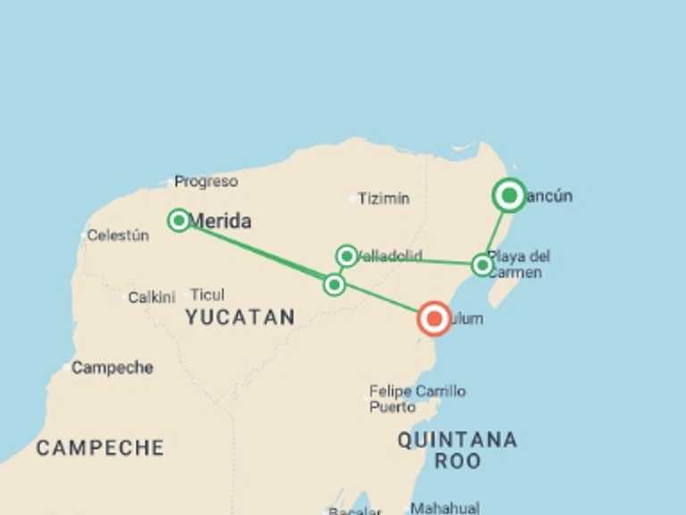 Map itinerary of North America Tour in October 2025 with 8 destination visits for the trip: Premium Mexico Yucatan Highlights